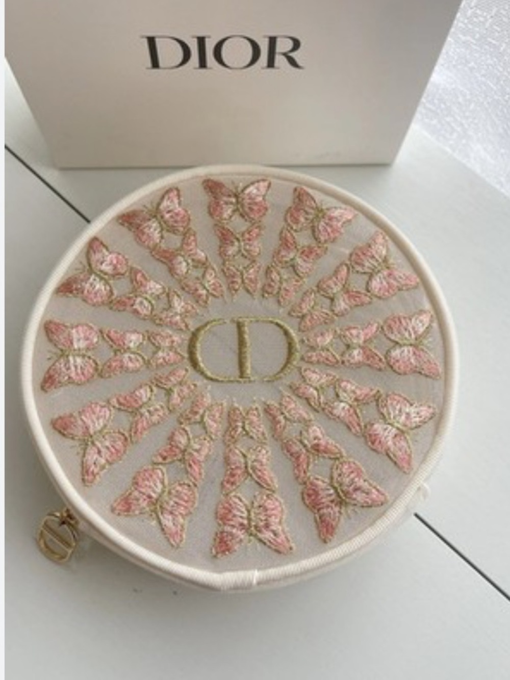 Dior Limited EDITION Round Embroidered Butterfly Pouch in White, Pink & Gold